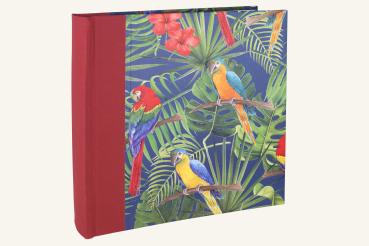 Preview: High-quality photo album with a red linen spine and a parrot motif